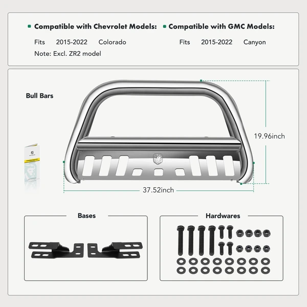 3 Inch Silver S/S 304 Bull Bar Push Front Bumper Grille Guard for 2015-2022 GMC Canyon