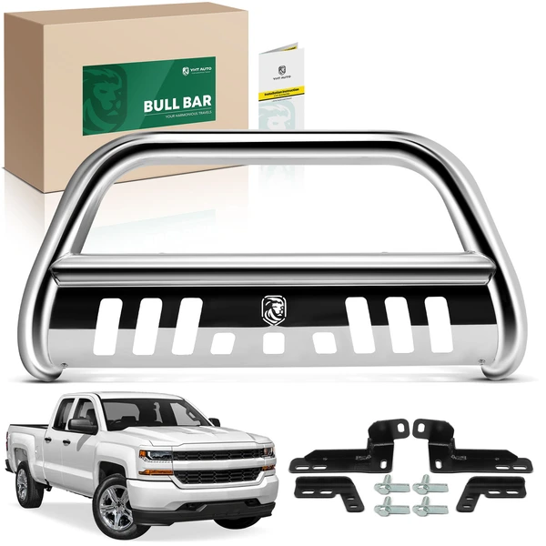 3 Inch Silver S/S 304 Bull Bar Front Bumper Push Grille Guard for 2011-2013 2015-2018 Chevrolet Silverado 3500