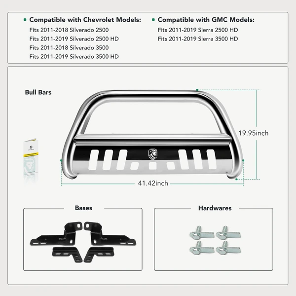 3 Inch Silver S/S 304 Bull Bar Front Bumper Push Grille Guard for 2011-2013 2015-2018 Chevrolet Silverado 3500
