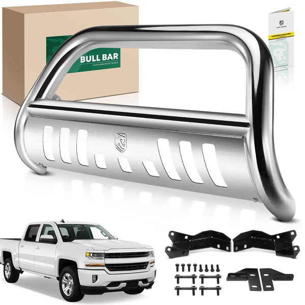 3 Inch Silver S/S 304 Bull Bar Front Bumper Push Grille Guard for 2020-2023 Chevrolet Silverado 3500 HD