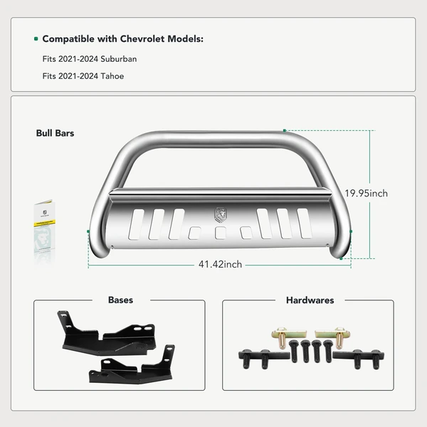 3 Inch Silver S/S 304 Bull Bar Front Bumper Push Grille Guard for 2021-2024 Chevrolet Suburban