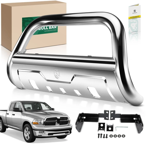 3.5 Inch Silver S/S 304 Bull Bar Front Bumper Grille Guard with Skid Plate for 2003-2005 Dodge Ram 1500