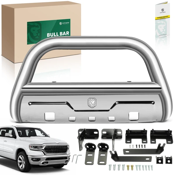 3.5 Inch Silver S/S 304 Bull Bar Front Bumper Grille Guard with Skid Plate for 2009-2010 Dodge Ram 1500