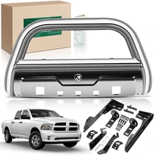 3.5 Inch Silver S/S 304 Oval Bull Bar Front Bumper Grille Guard with Skid Plate for Ram 1500 2019-2024