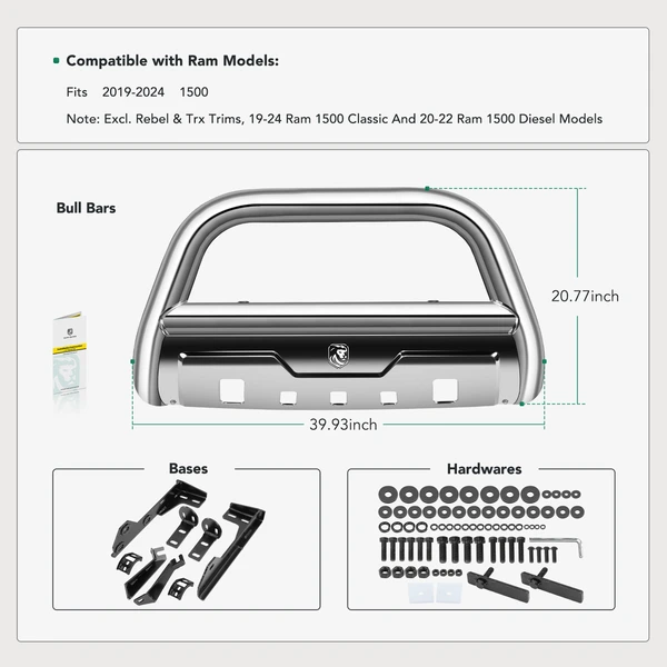 3.5 Inch Silver S/S 304 Oval Bull Bar Front Bumper Grille Guard with Skid Plate for 2019-2024 Ram 1500