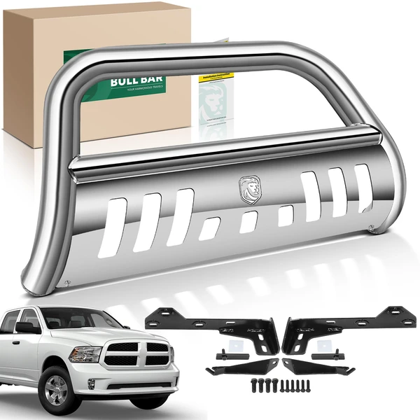 3 Inch Silver S/S 304 Bull Bar Front Bumper Grille Guard with Skid Plate for 2019-2024 Ram 1500