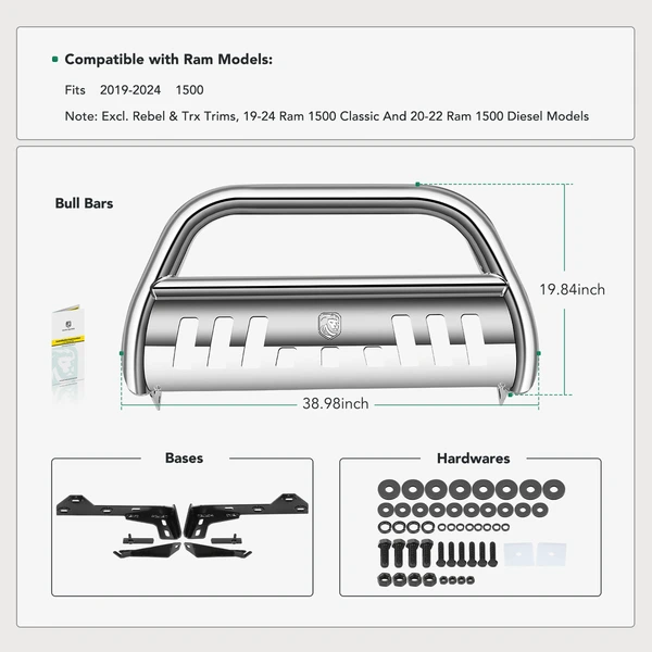 3 Inch Silver S/S 304 Bull Bar Front Bumper Grille Guard with Skid Plate for 2019-2024 Ram 1500