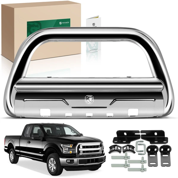 3.5 Inch Silver S/S 304 Bull Bar Front Bumper Grille Guard with Skid Plate for 2004-2024 Ford F-150