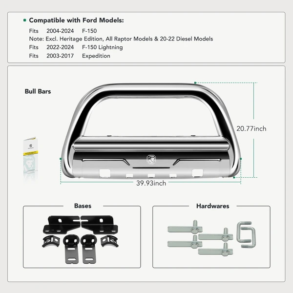 3.5 Inch Silver S/S 304 Bull Bar Front Bumper Grille Guard with Skid Plate for 2004-2024 Ford F-150