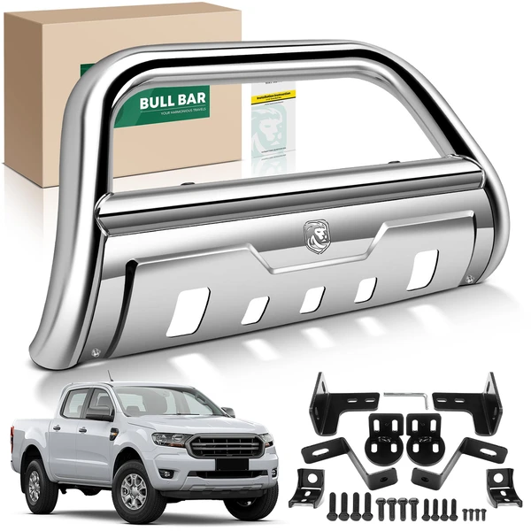 3.5 Inch Silver S/S 304 Oval Bull Bar Front Bumper Grille Guard with Skid Plate for 2019-2023 Ford Ranger