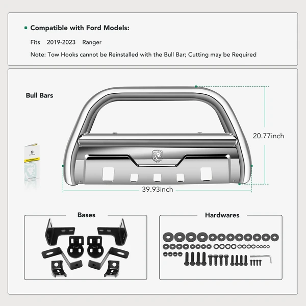 3.5 Inch Silver S/S 304 Oval Bull Bar Front Bumper Grille Guard with Skid Plate for 2019-2023 Ford Ranger
