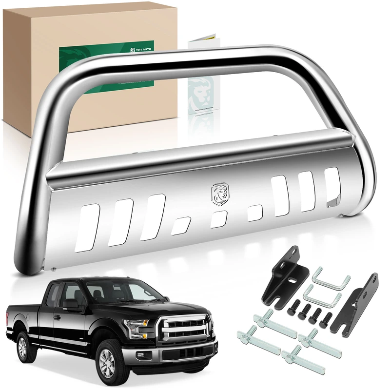 3 Inch Silver S/S 304 Bull Bar Front Bumper Grille Guard with Skid Plate for Ford F-150 04-24 Expedition