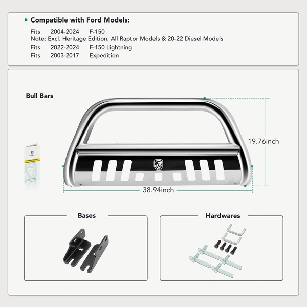 3 Inch Silver S/S 304 Bull Bar Front Bumper Grille Guard with Skid Plate for 2003-2017 Ford Expedition