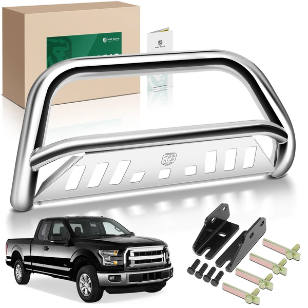 3 Inch Silver S/S 304 Bull Bar Front Bumper Grille Guard with Skid Plate for 2011-2024 Ford F-150