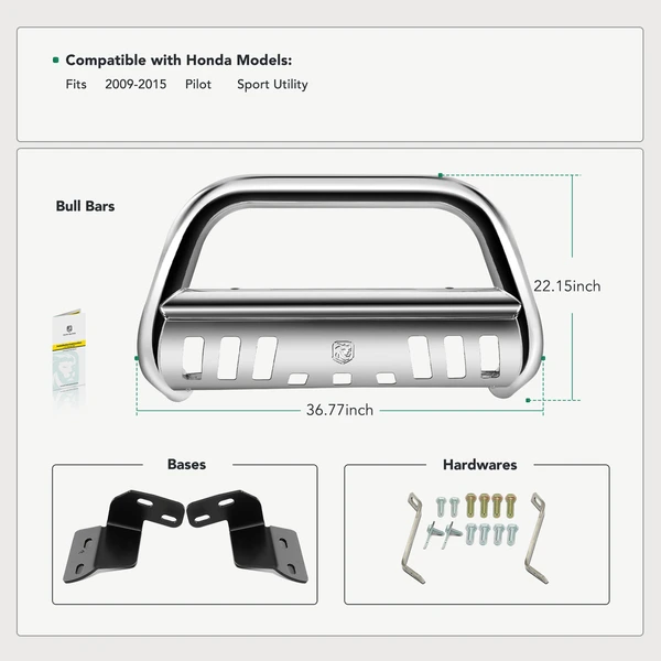 3 Inch Silver S/S 304 Bull Bar Front Bumper Grille Guard for 2009-2015 Honda Pilot