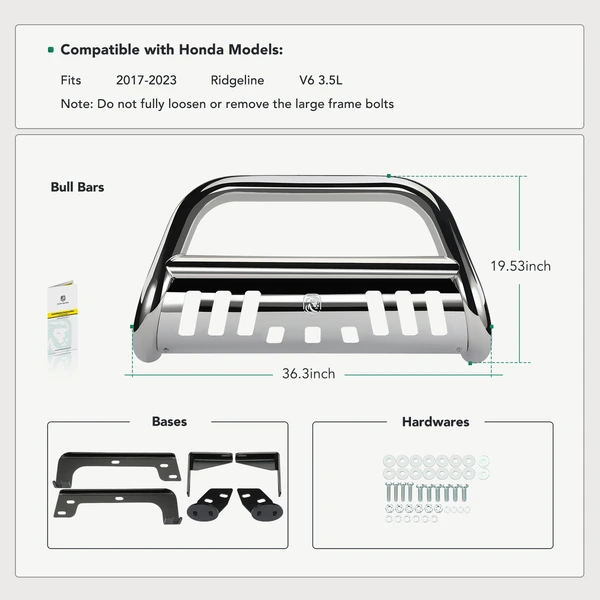 3 Inch Silver S/S 304 Bull Bar Front Bumper Grille Guard for 2017-2023 Honda Ridgeline