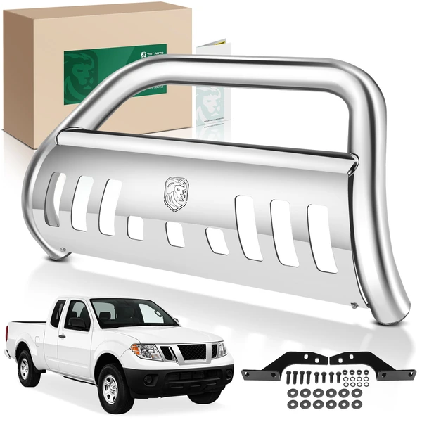 3 Inch Silver S/S 304 Bull Bar Front Bumper Grille Guard with Skid Plate for 2022-2024 Nissan Frontier