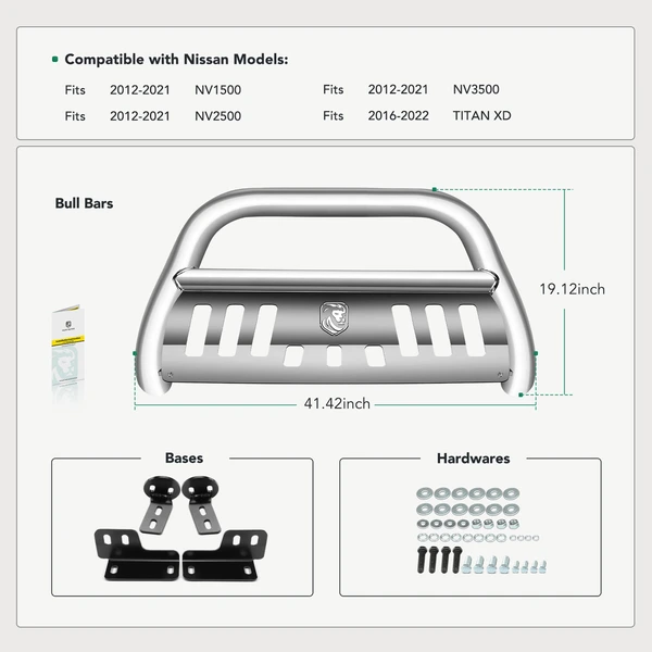 3 Inch Silver S/S 304 Bull Bar Front Bumper Grille Guard with Skid Plate for 2016-2022 Nissan TITAN XD