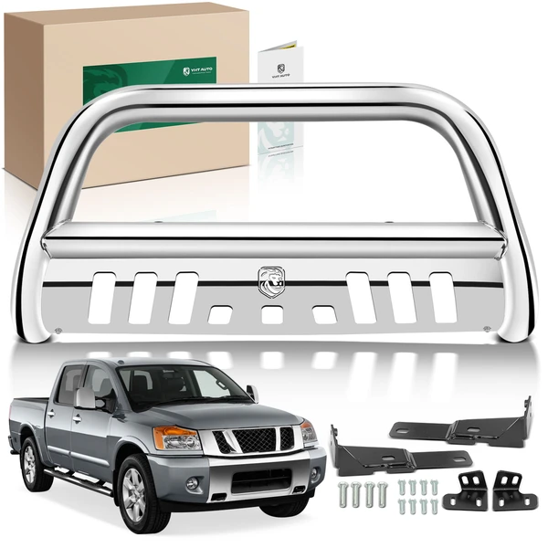 3 Inch Silver S/S 304 Bull Bar Front Bumper Grille Guard with Skid Plate for 2017-2024 Nissan TITAN