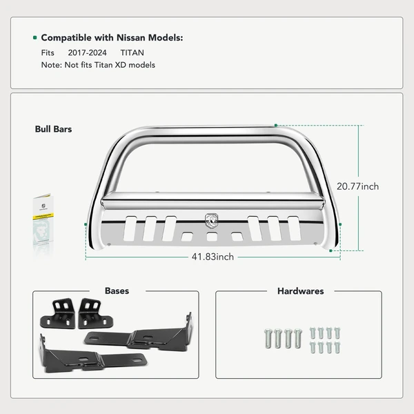 3 Inch Silver S/S 304 Bull Bar Front Bumper Grille Guard with Skid Plate for 2017-2024 Nissan TITAN
