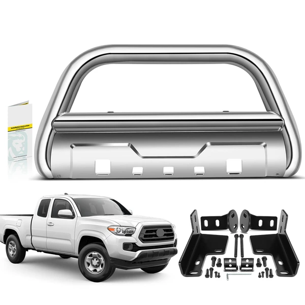 3.5 Inch Silver S/S 304 Bull Bar Front Bumper Grille Guard with Skid Plate for 2005-2015 Toyota Tacoma