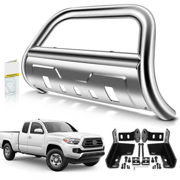 3.5 Inch Silver S/S 304 Bull Bar Front Bumper Grille Guard with Skid Plate for 2016-2023 Toyota Tacoma