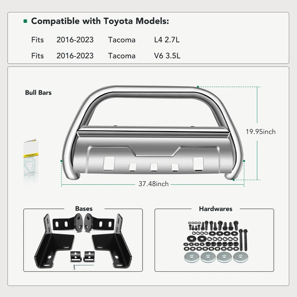 3.5 Inch Silver S/S 304 Bull Bar Front Bumper Grille Guard with Skid Plate for 2016-2023 Toyota Tacoma