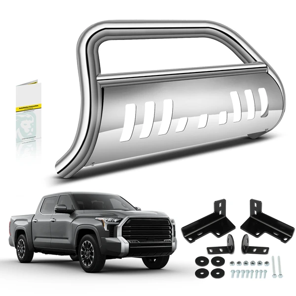 3 Inch Silver S/S 304 Bull Bar Front Bumper Grille Guard with Skid Plate for 2016-2023 Toyota Tacoma