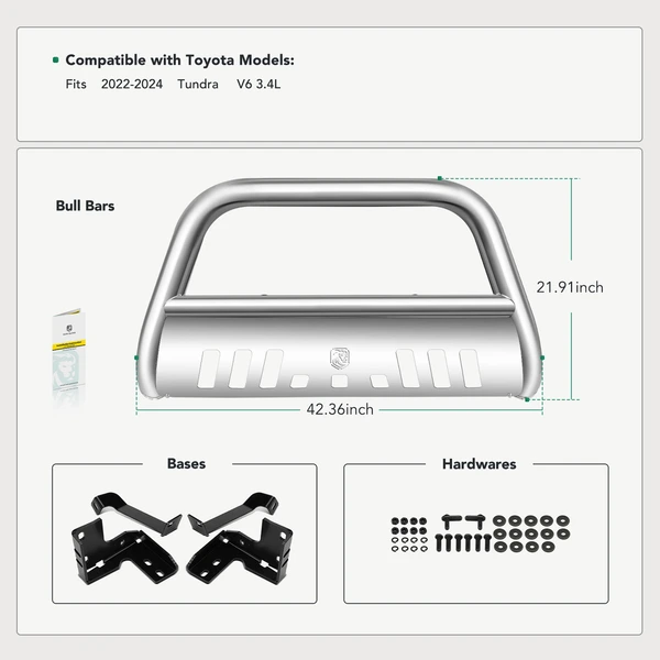 3 Inch Silver S/S 304 Bull Bar Front Bumper Grille Guard with Skid Plate for 2022-2024 Toyota Tundra