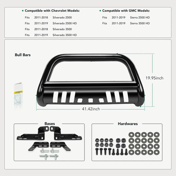 3 Inch Black Carbon Steel Bull Bar Front Bumper Push Grille Guard for 2011-2019 GMC Sierra 3500 HD