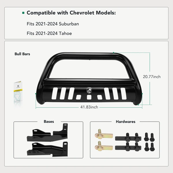 3 Inch Black Carbon Steel Bull Bar Front Bumper Push Grille Guard for 2021-2024 Chevrolet Tahoe