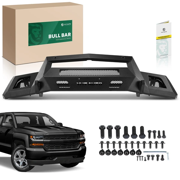 Textured Black Carbon Steel Bull Bar Front Bumper Grille Guard for 2019-2021 Chevrolet Silverado 1500