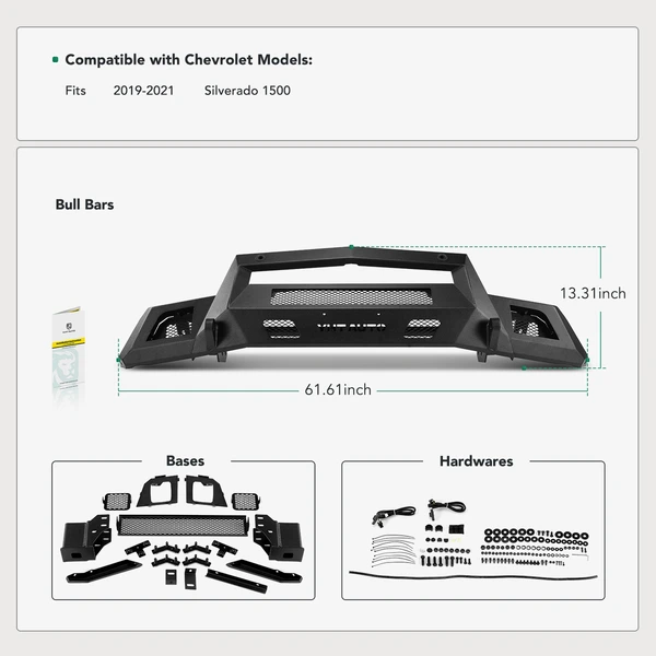 Textured Black Carbon Steel Bull Bar Front Bumper Grille Guard for 2019-2021 Chevrolet Silverado 1500
