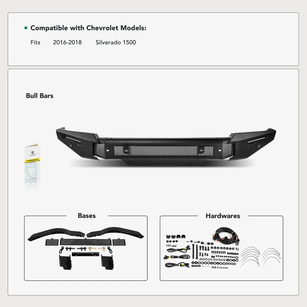 Textured Black Carbon Steel Bull Bar Front Bumper Grille Guard for 2016-2018 Chevrolet Silverado 1500