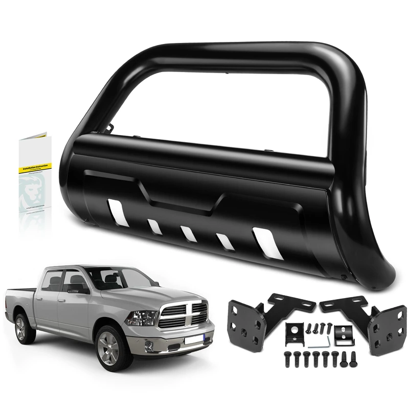 3.5 Inch Black Carbon Steel Bull Bar Front Bumper Grille Guard with Skid Plate for Dodge Ram 1500 2500