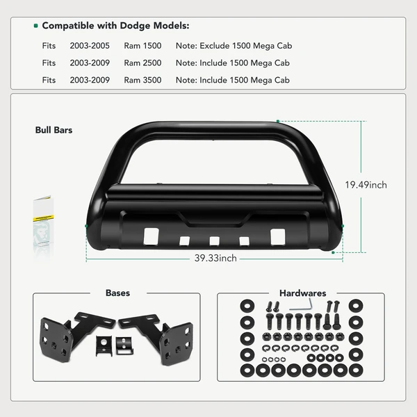 3.5 Inch Black Carbon Steel Bull Bar Front Bumper Grille Guard with Skid Plate for 2003-2005 Dodge Ram 1500