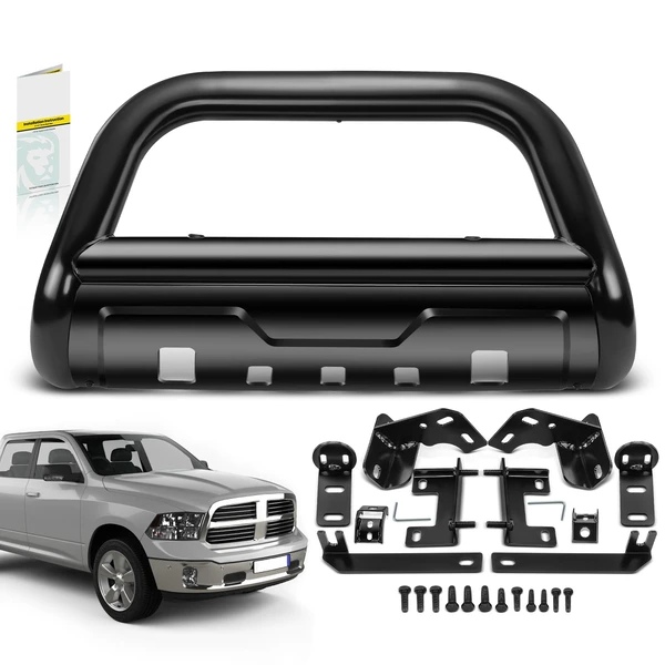3.5 Inch Black Carbon Steel Bull Bar Front Bumper Grille Guard with Skid Plate for 2019-2023 Ram 1500 Classic