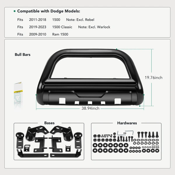 3.5 Inch Black Carbon Steel Bull Bar Front Bumper Grille Guard with Skid Plate for 2019-2023 Ram 1500 Classic