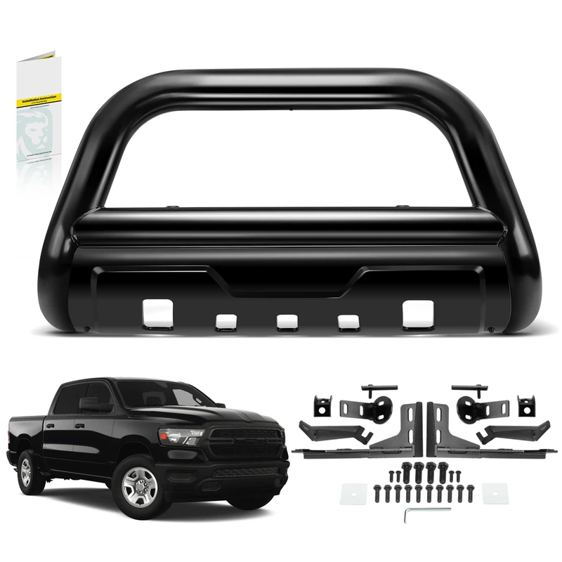 3.5 Inch Black Oval Carbon Steel Bull Bar Front Bumper Grille Guard with Skid Plate for Ram 1500 2019-2024