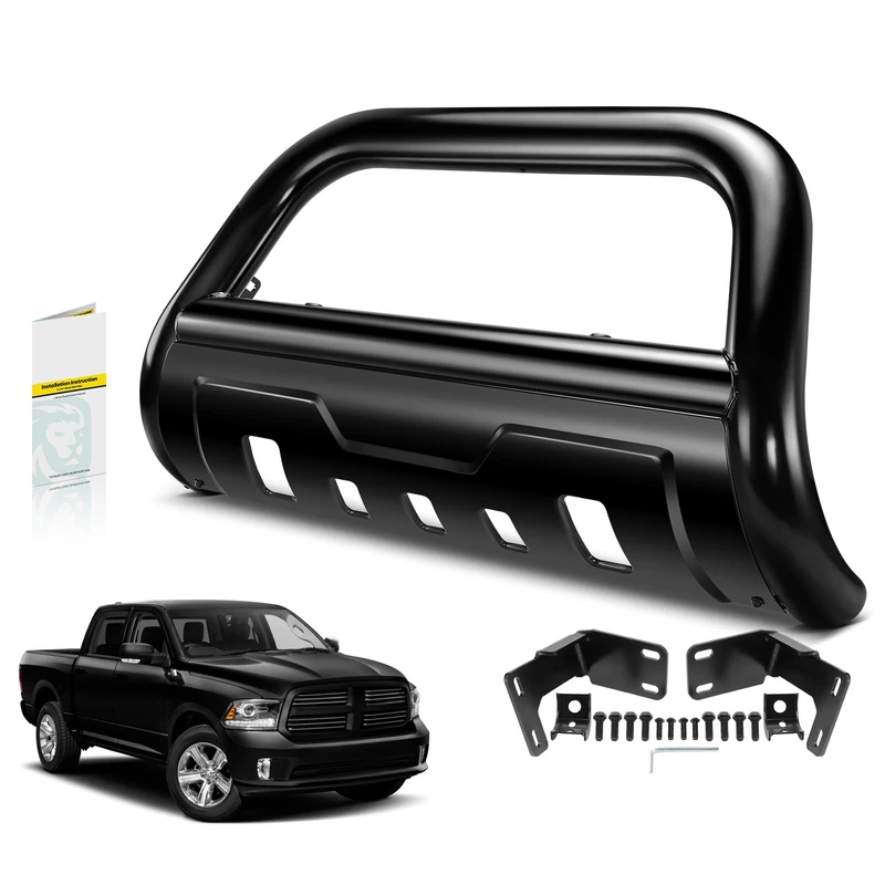 3.5 Inch Black Carbon Steel Bull Bar Front Bumper Grille Guard with Formed Skid Plate for 2012 Ram 2500