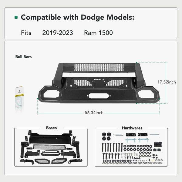 Textured Black Carbon Steel Bull Bar Front Bumper Grille Guard with winch frame for Ram 1500 19-24