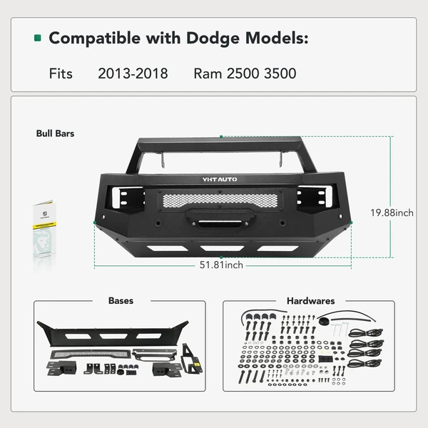 Textured Black Carbon Steel Bull Bar Front Bumper Grille Guard with winch frame for Ram 2500 3500