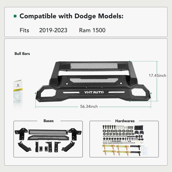 Textured Black Carbon Steel Bull Bar Front Bumper Grille Guard for 2019-2024 Ram 1500