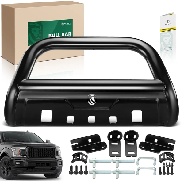 3.5 Inch Black Carbon Steel Bull Bar Front Bumper Grille Guard with Skid Plate for 2004-2024 Ford F-150