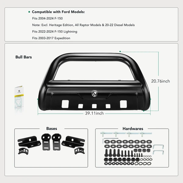 3.5 Inch Black Carbon Steel Bull Bar Front Bumper Grille Guard with Skid Plate for 2004-2024 Ford F-150