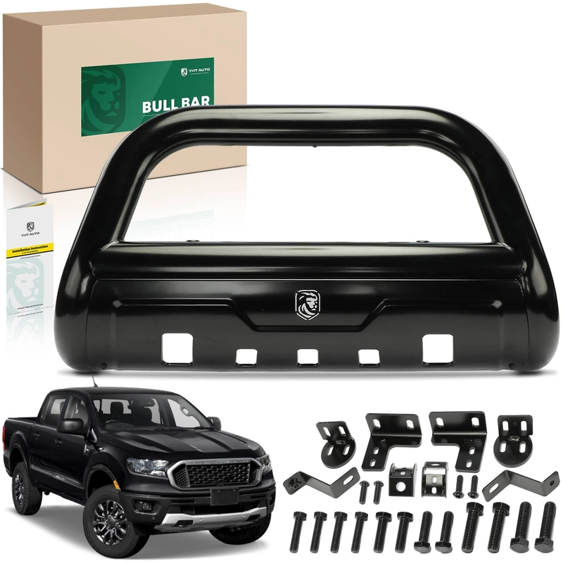 3.5 Inch Black Carbon Steel Bull Bar Front Bumper Grille Guard with Skid Plate for 2020 Ford Ranger