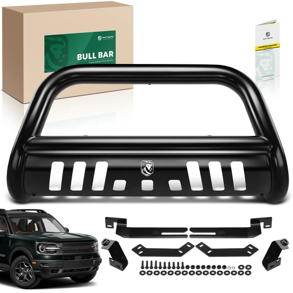 3 Inch Black Carbon Steel Bull Bar Front Bumper Grille Guard with Skid Plate for 2021-2024 Ford Bronco