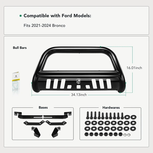 3 Inch Black Carbon Steel Bull Bar Front Bumper Grille Guard with Skid Plate for 2021-2024 Ford Bronco