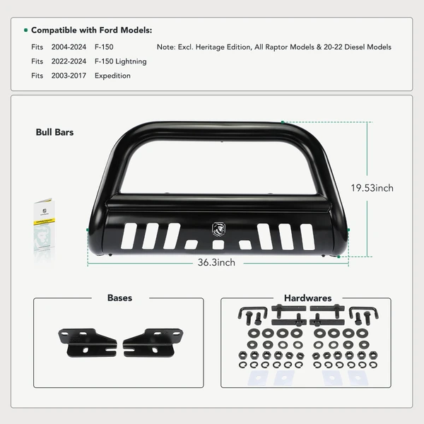 3 Inch Black Carbon Steel Bull Bar Front Bumper Grille Guard with Skid Plate for 2003-2017 Ford Expedition