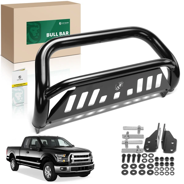 3 Inch Black Carbon Steel Bull Bar Front Bumper Grille Guard with Skid Plate for 2011-2024 Ford F-150